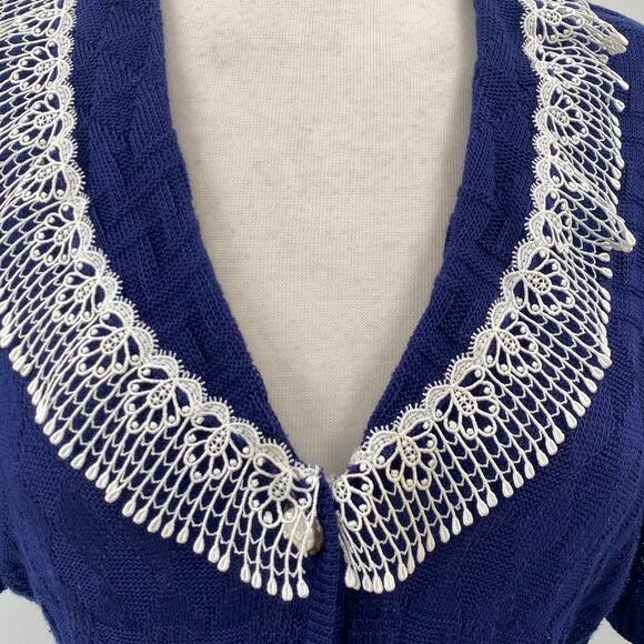 Vintage 2 Piece Skirt Set Crochet Knit Lace Trim Button Front Navy Blue XS/Small - Picture 7 of 12